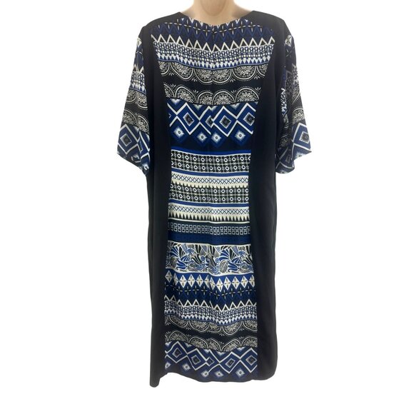 Long Tall Sally Black Blue Mixed Print Jeweled Neckline Sheath Dress Size 18 2X - Picture 3 of 7